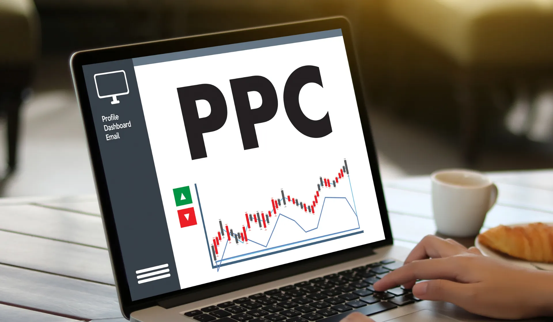 A digital dashboard showing an electrician PPC campaign with improving cost-per-lead metrics over three months of optimisation